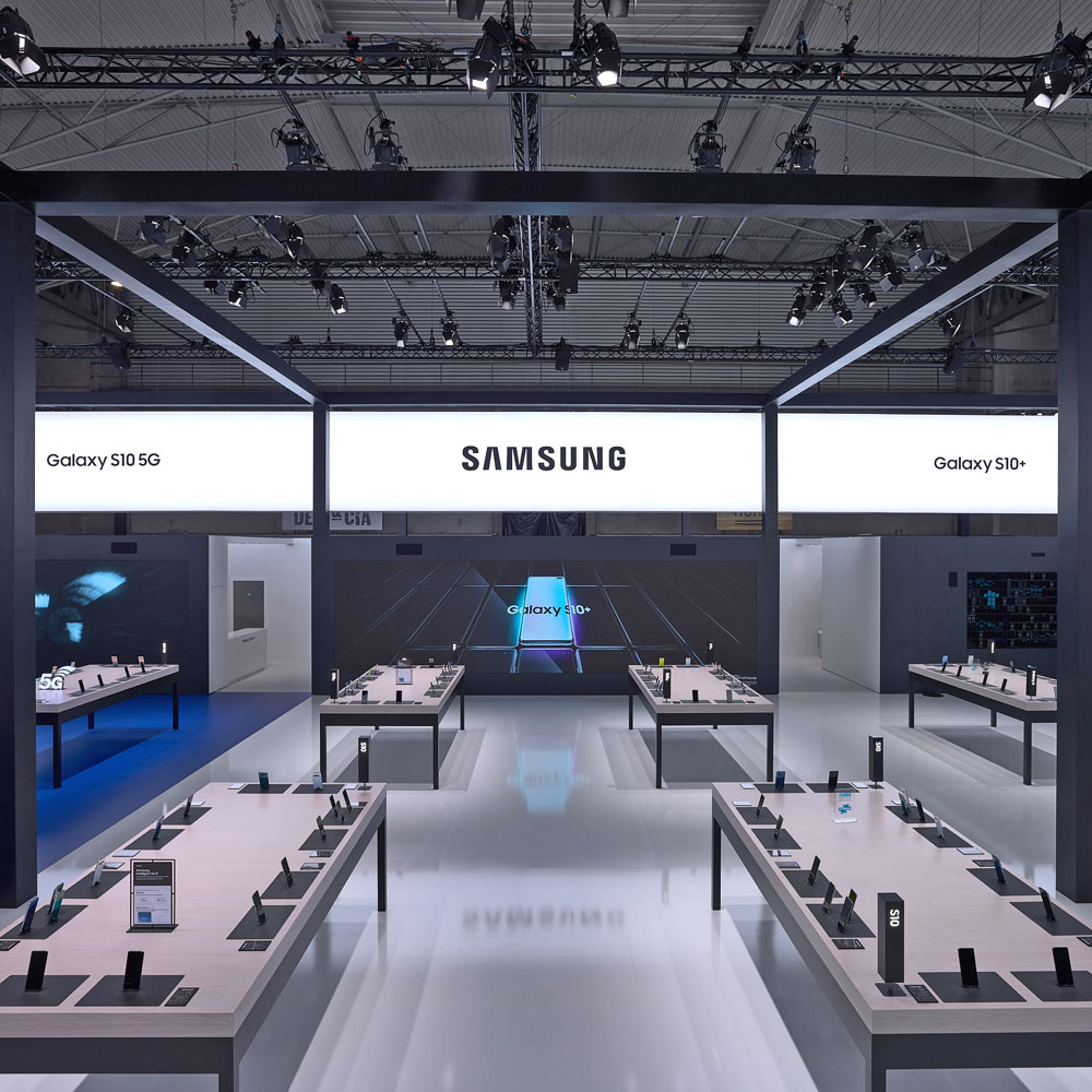 Messestand von Samsung auf der MWC Messe 2019 in Barcelona - Tünnissen Interiors, Messen, Events und Ausstellungen NRW Deutschland Europe